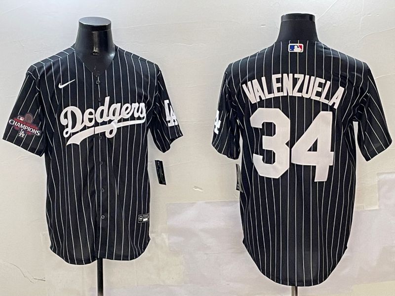 Men Los Angeles Dodgers 34 Valenzuela Black Stripe Jointly Name 2025 Nike MLB Jersey style 3